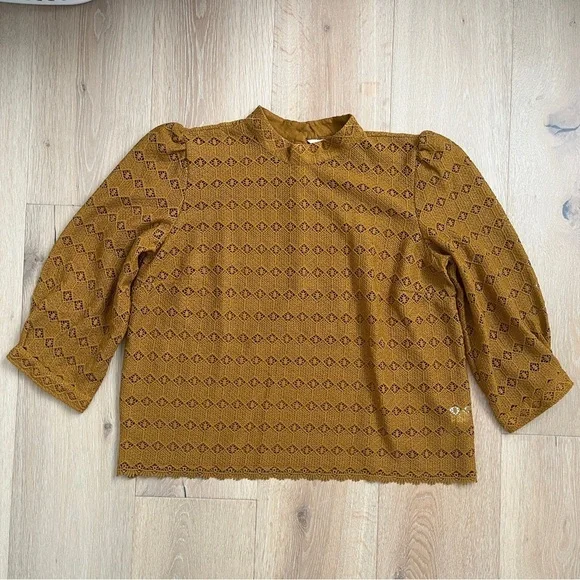 NWOT Garnet Hill Women's Teagan Lace Top Size L Mustard Yellow Brown 3/4 *W - Picture 2 of 5